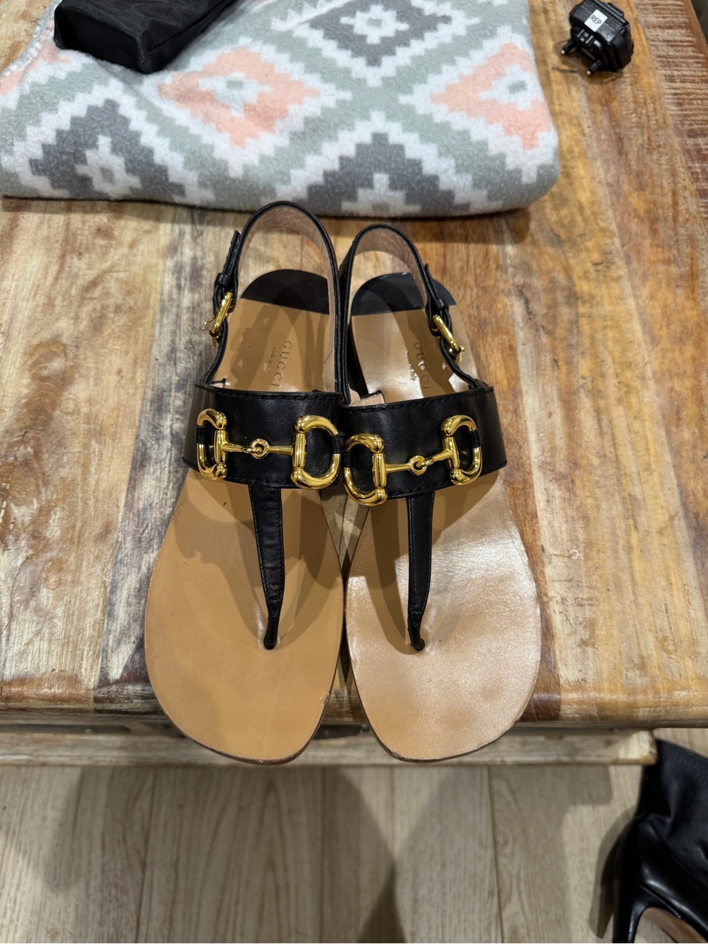 Gucci Black Leather Sandals with Gold Horsebit Hardware